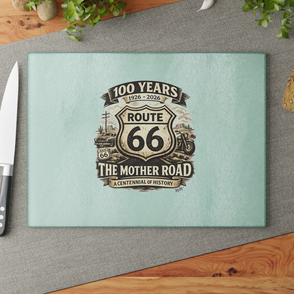 Route 66 Glass Cutting Board — 100 Years ‘The Mother Road’ Centennial Kitchen Board